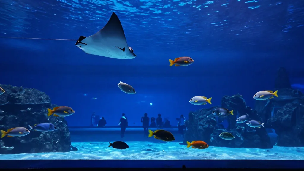 Un grand bassin d’aquarium avec des poissons de Méditerranée
